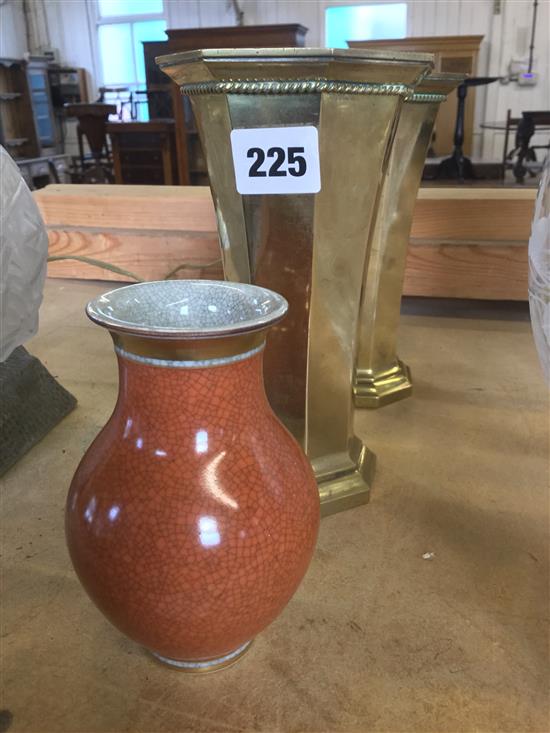 Pair of fluted brass vases &  Copenhagen vase